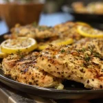 Juicy grilled lemon pepper chicken breasts garnished with herbs.
