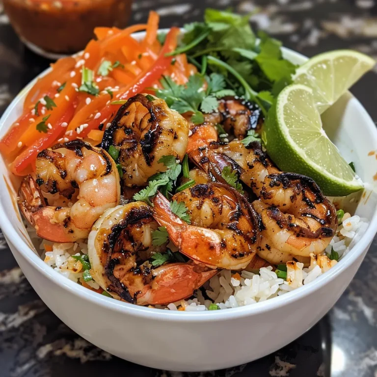 Sizzle into Flavor: Grilled Shrimp Rice Bowls with a Zesty Sweet Chili Lime Twist! A vibrant rice bowl filled with grilled shrimp, colorful mixed vegetables, and garnished with lime wedges and cilantro.
