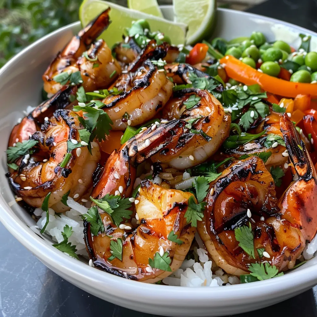 Close-up of a delicious grilled shrimp rice bowl featuring juicy shrimp, jasmine rice, and a drizzle of sweet chili lime sauce.