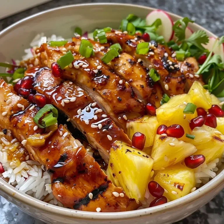 A close-up view of a grilled teriyaki chicken bowl garnished with pineapple chunks and scallions.