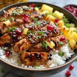 Close-up of a Grilled Teriyaki Chicken Bowl with colorful ingredients.