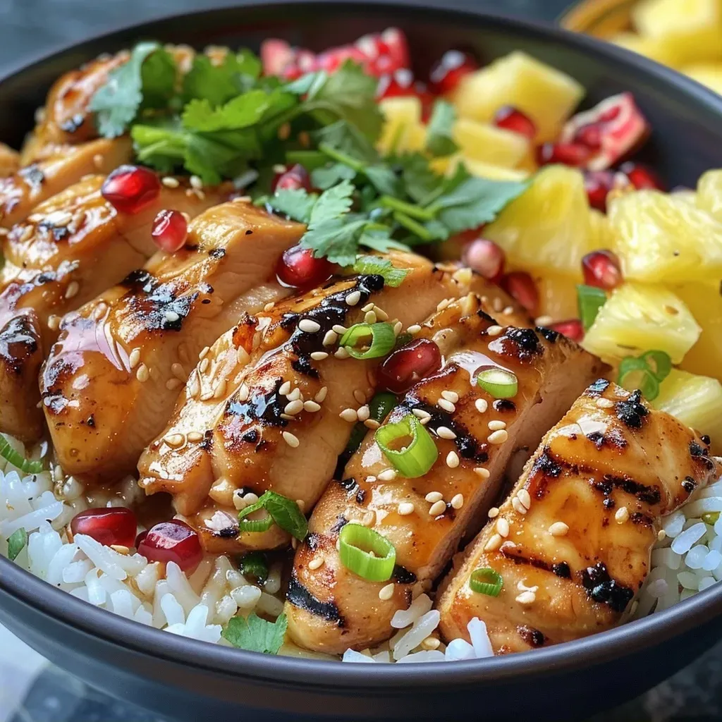 Juicy grilled chicken thighs served on a bed of jasmine rice with fresh cilantro and pomegranate seeds.