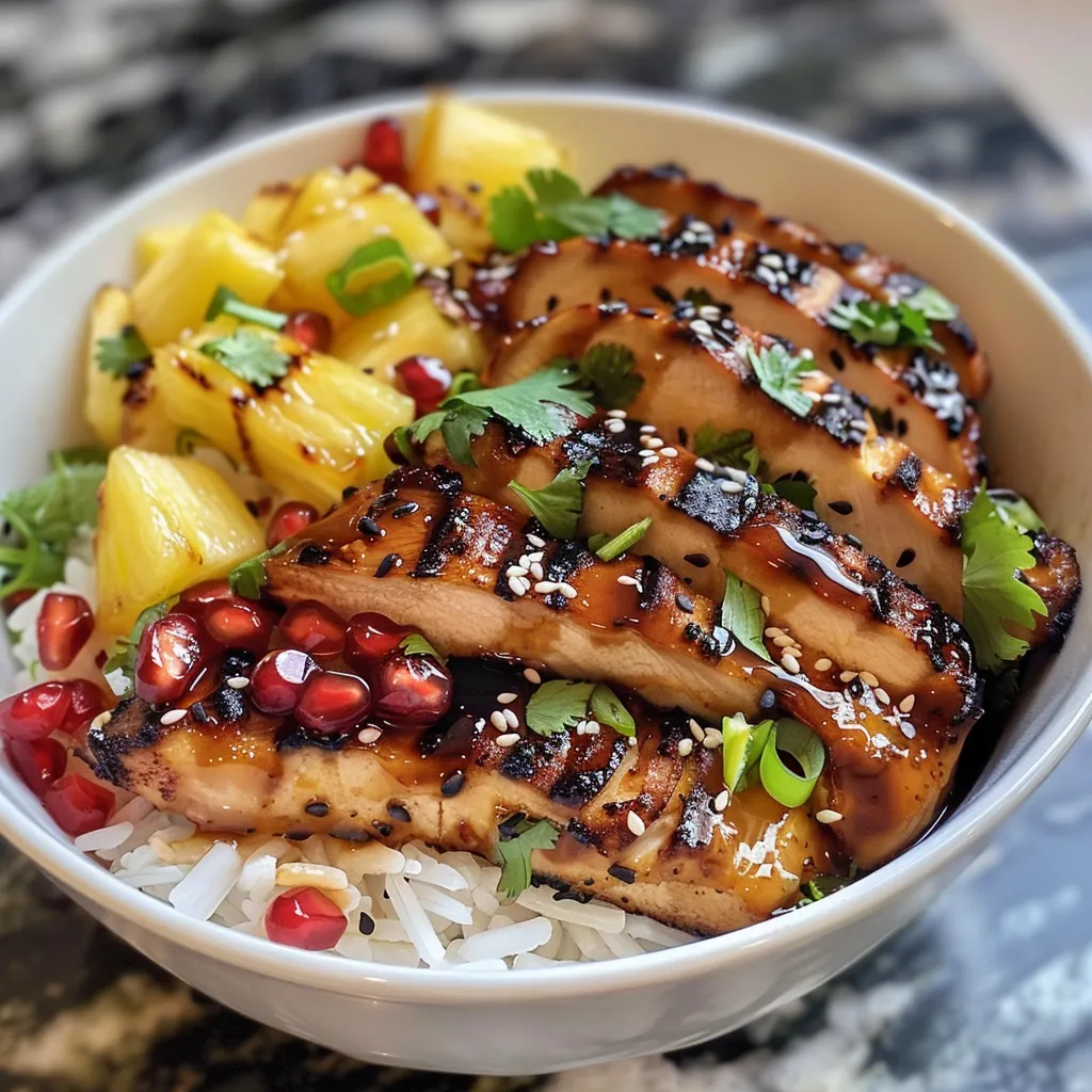 Juicy grilled chicken thighs on a bed of rice with pineapple and garnishes.
