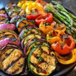 Colorful grilled vegetables arranged on a platter, showcasing vibrant bell peppers, zucchini, eggplant, onion, asparagus, and mushrooms.