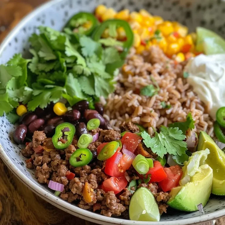 Flavor-Packed Ground Beef Burrito Bowls for Busy Nights! Close-up view of a colorful ground beef burrito bowl, featuring rice, beans, avocado, and fresh vegetables.