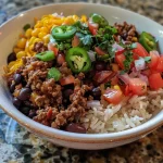 ['Close-up view of a colorful Ground Beef Burrito Bowl with various toppings.', 'Side shot of a Ground Beef Burrito Bowl featuring rice, beans, and fresh vegetables.', 'Juicy Ground Beef Burrito Bowl with visible ingredients like cheese and avocado.', 'Delicious Ground Beef Burrito Bowl showcasing layers of beef, rice, and toppings.']