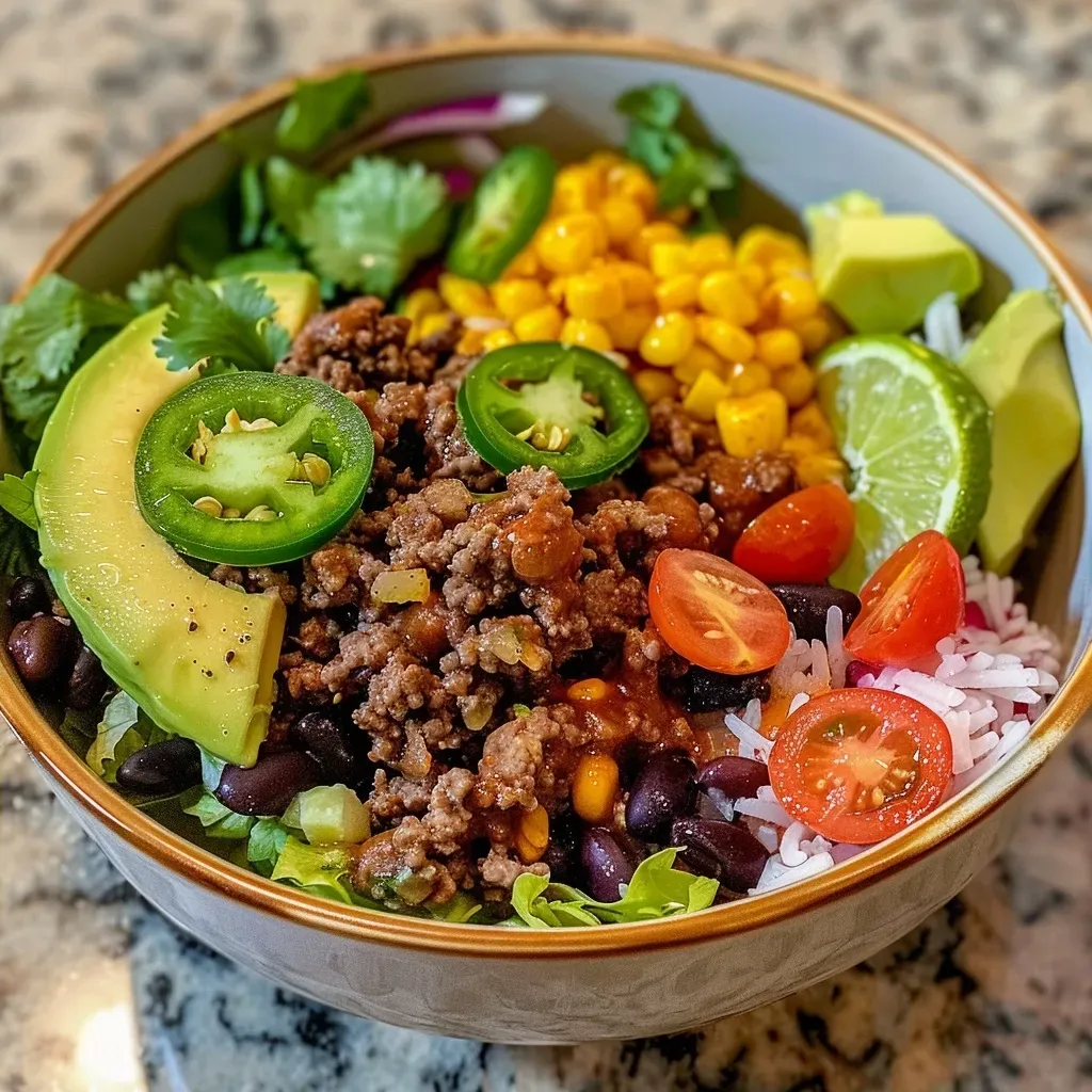 Side angle of a ground beef burrito bowl with layers of ground beef, cheese, and vibrant toppings.