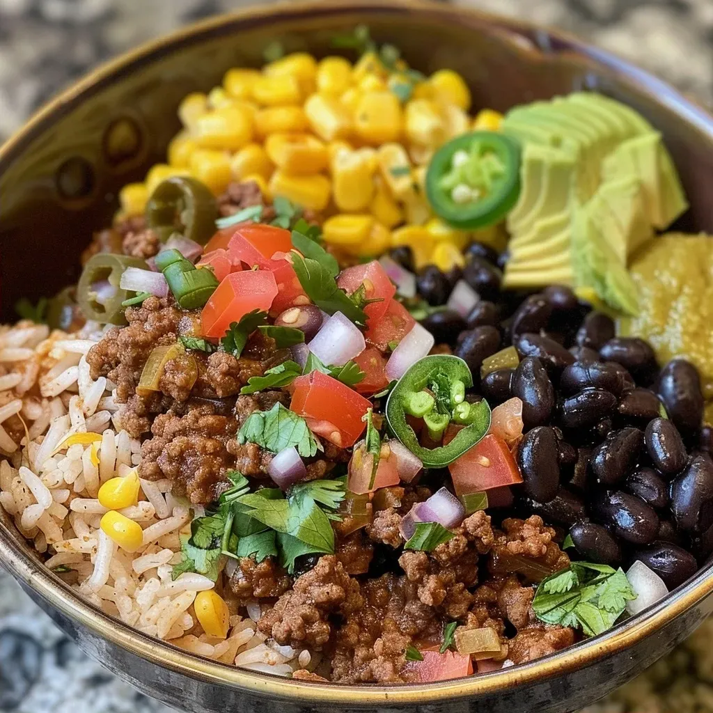 ['Close-up view of a colorful Ground Beef Burrito Bowl with various toppings.', 'Side shot of a Ground Beef Burrito Bowl featuring rice, beans, and fresh vegetables.', 'Juicy Ground Beef Burrito Bowl with visible ingredients like cheese and avocado.', 'Delicious Ground Beef Burrito Bowl showcasing layers of beef, rice, and toppings.']
