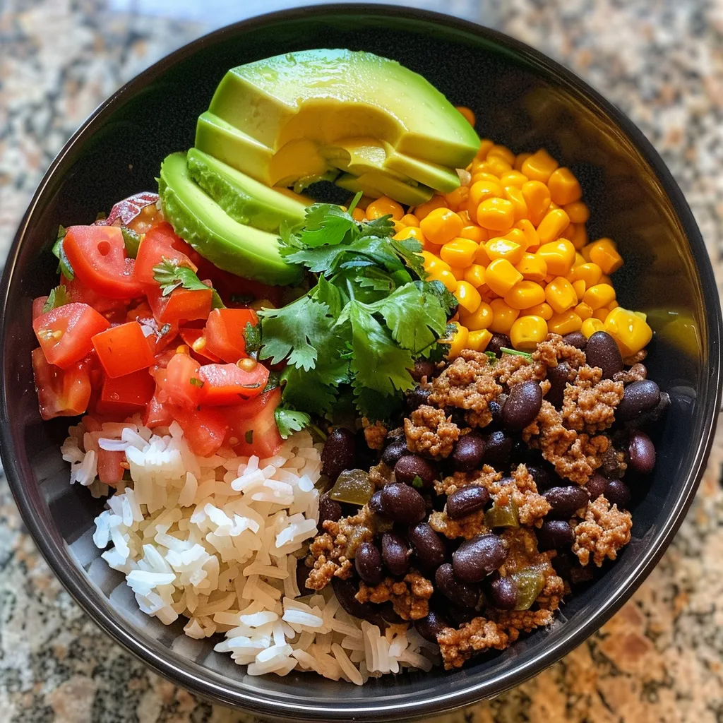 A delicious Ground Beef Burrito Bowl showcasing layers of beef, rice, and toppings.