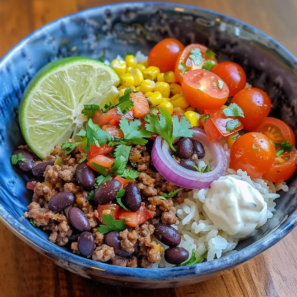 A detailed shot of Ground Beef Taco Bowls showcasing colorful toppings and ingredients.