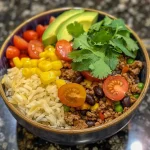 Close-up view of a colorful Ground Beef Taco Rice Bowl with toppings.