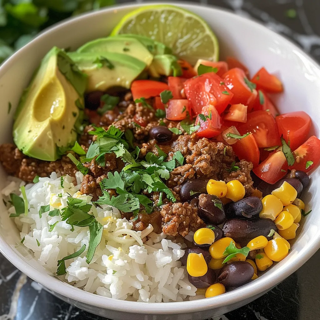 Side view of a delicious Ground Beef Taco Rice Bowl featuring avocado and cheese.