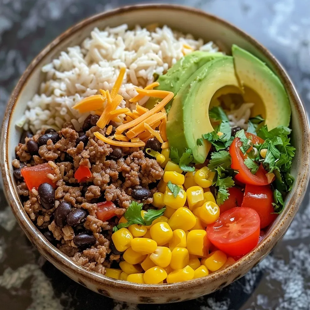 Side perspective of a delicious Ground Beef Taco Rice Bowl featuring fresh ingredients.