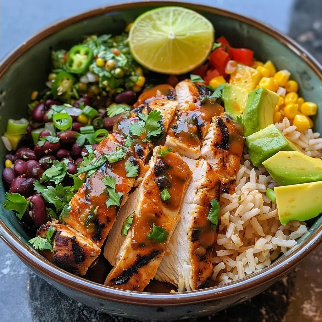 Close-up view of a chicken rice bowl featuring Hatch Chile salsa, beans, and avocado.