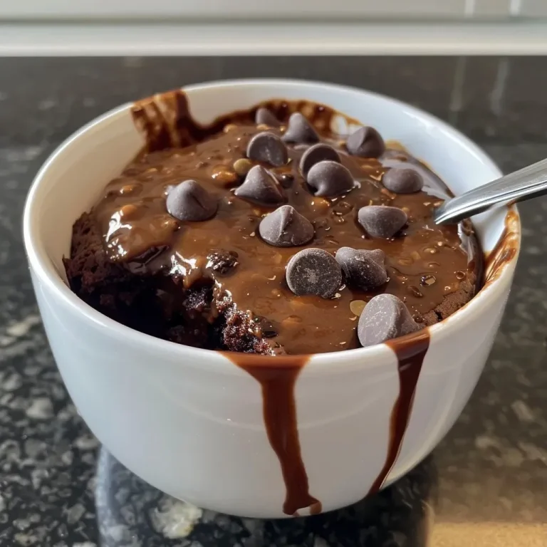 A close-up view of a Healthy Brownie in a Mug, showcasing its rich texture and chocolate chips.