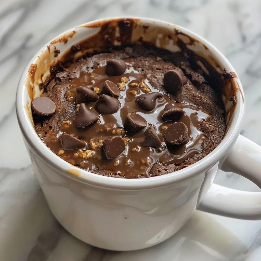 Side view of a mug filled with a Healthy Brownie, highlighting its moist consistency and toppings.