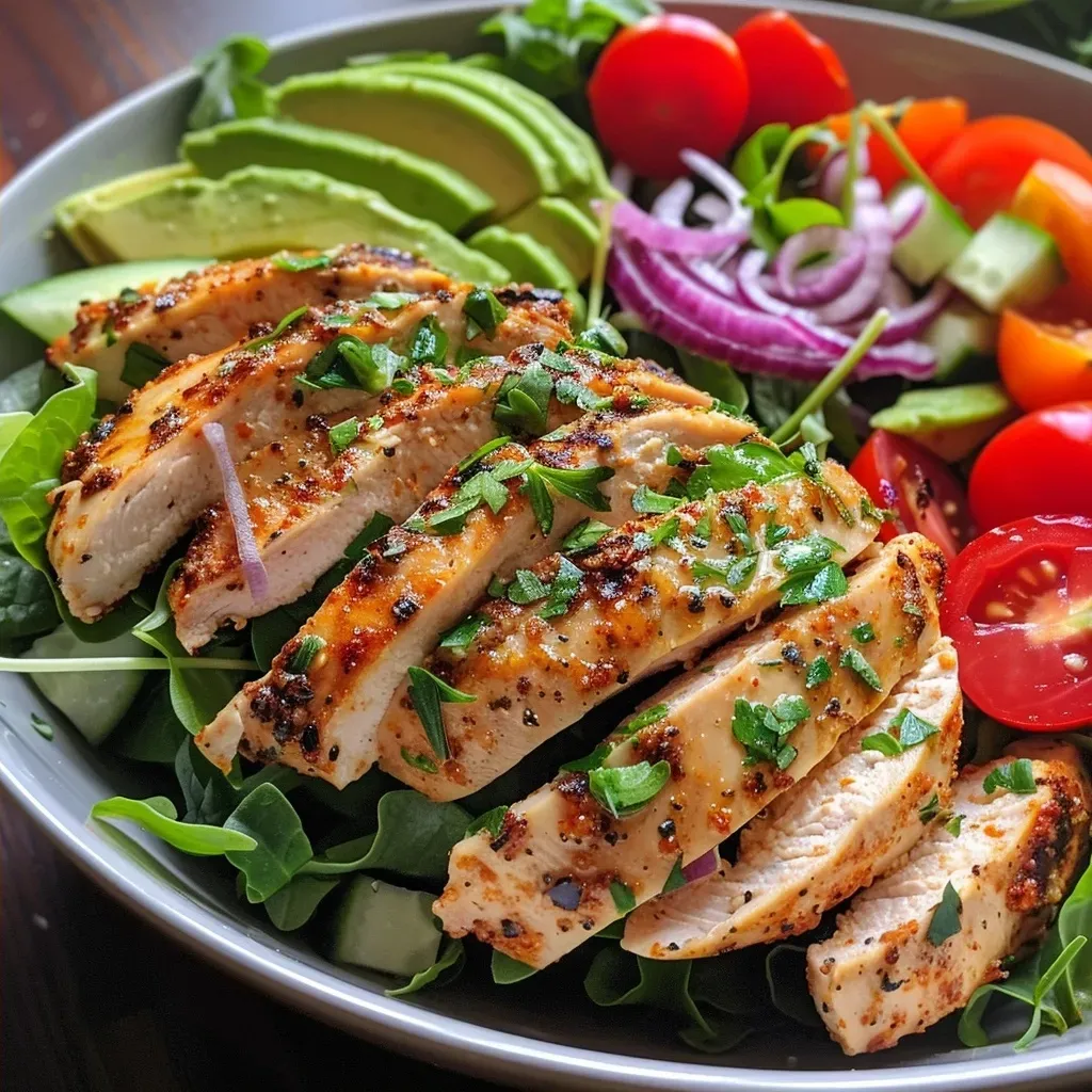 ['Close-up view of a colorful Healthy Chicken Salad Bowl filled with mixed greens, cherry tomatoes, and sliced avocado.', 'Side view of a vibrant chicken salad topped with sunflower seeds and drizzled with a vinaigrette.', 'Juicy chicken breast on a bed of fresh salad ingredients including cucumbers and red bell pepper.', 'Detailed image of a healthy salad bowl featuring protein-rich chicken and various fresh vegetables.']