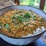 Close-up view of a vibrant bowl of Healthy Lentil Curry with coconut milk.