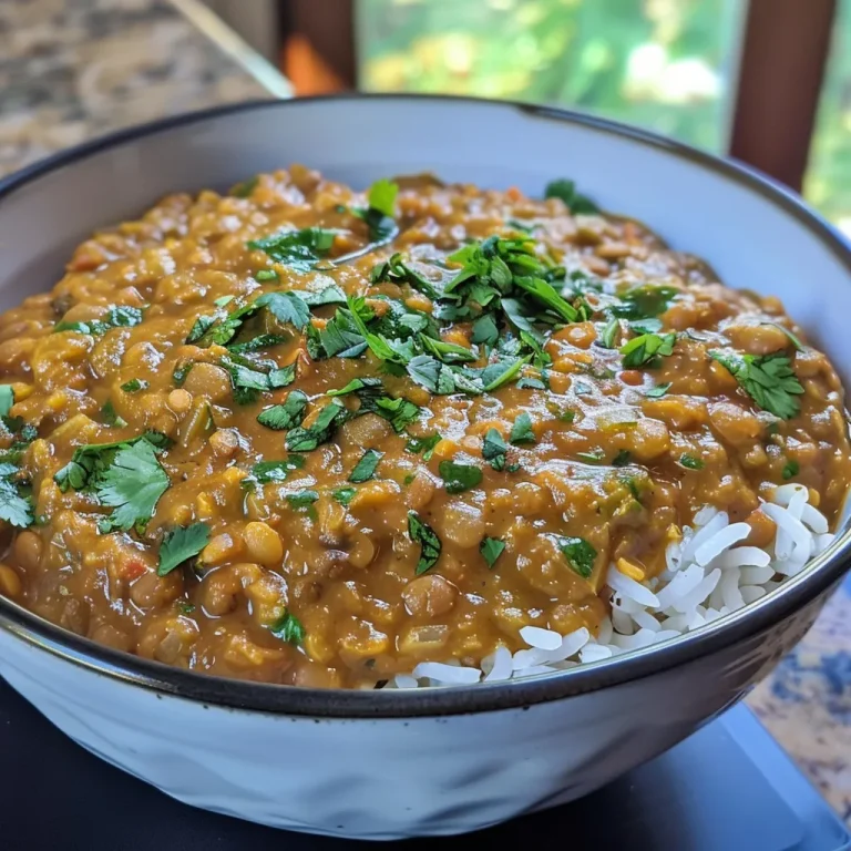 Close-up view of a vibrant bowl of Healthy Lentil Curry with coconut milk.