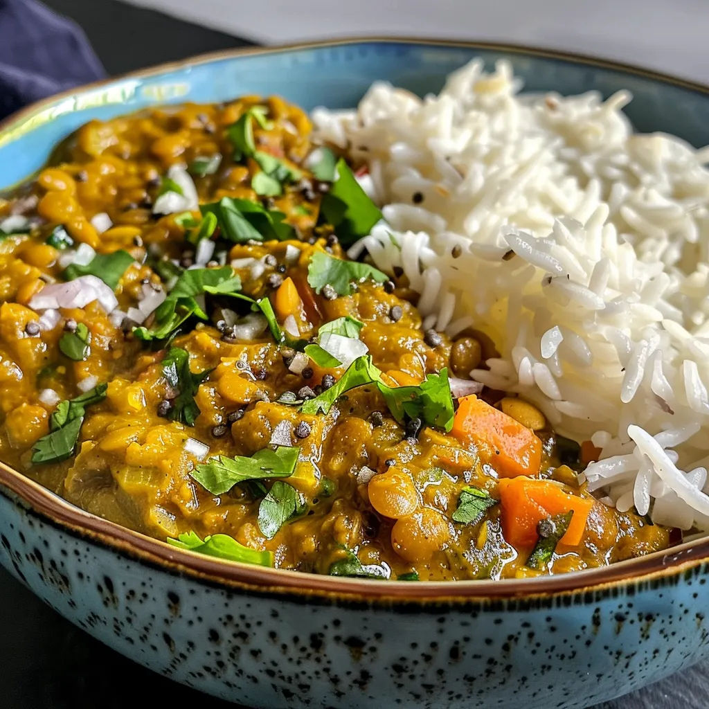 Side angle of a delicious lentil curry topped with fresh herbs and spices.