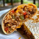 Close-up side view of a hearty beef and rice burrito filled with ingredients.