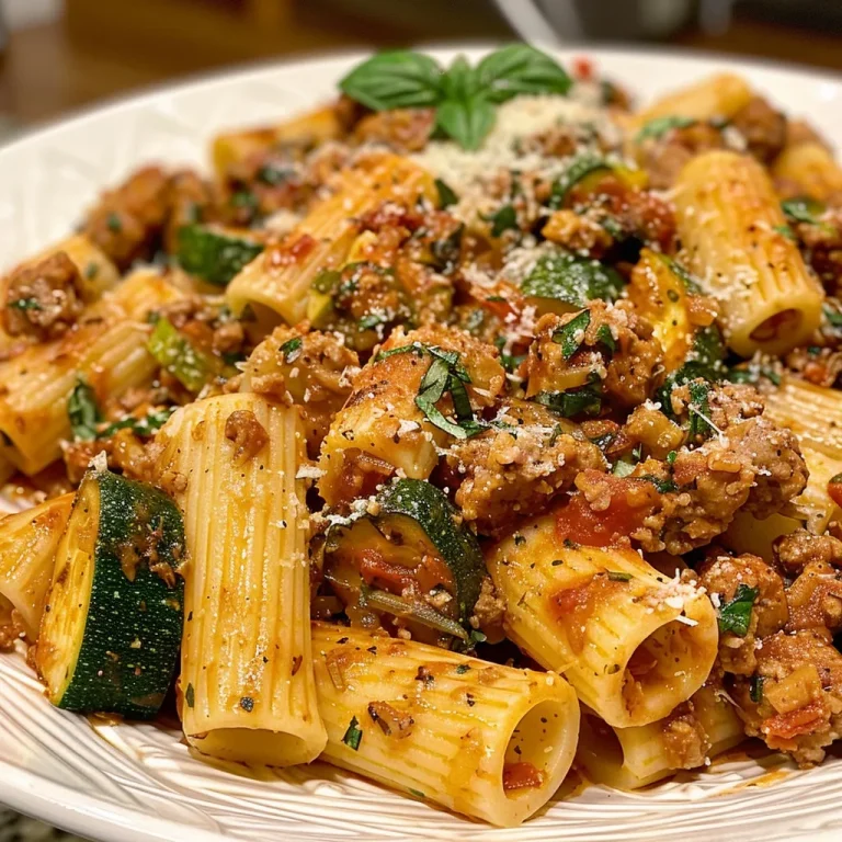 Close-up of a hearty rigatoni dish featuring Italian sausage, zucchini, and crushed tomatoes.