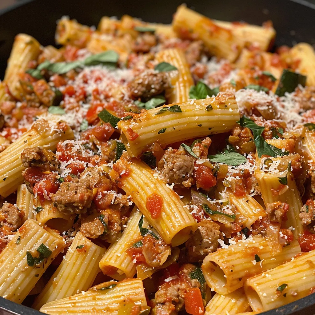 Side view of a pasta bowl filled with rigatoni, sausage, and diced zucchini, garnished with basil.