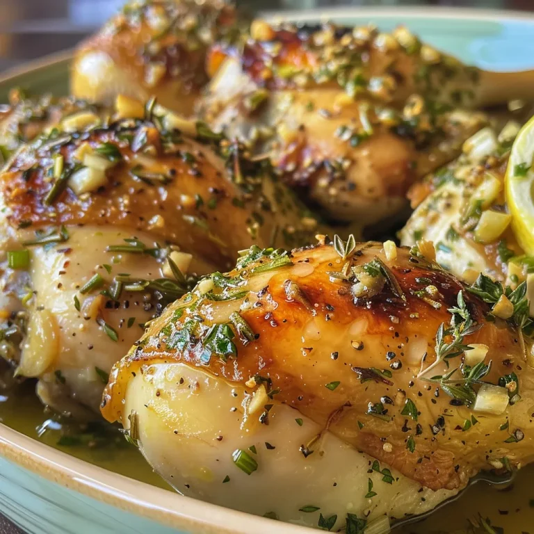 Close-up view of succulent herb-baked chicken thighs with golden skin.