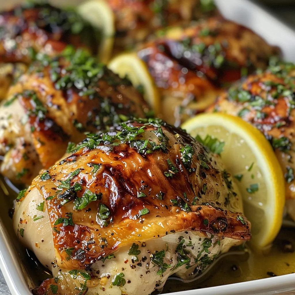 Juicy bone-in chicken thighs garnished with herbs and lemon slices.