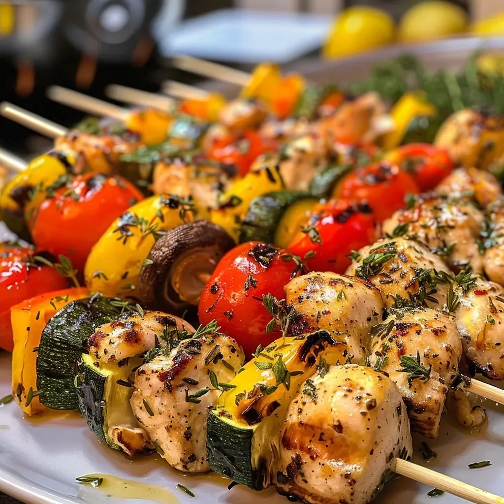 Side view of grilled Herby Lemon Skewers featuring cherry tomatoes and bell peppers.