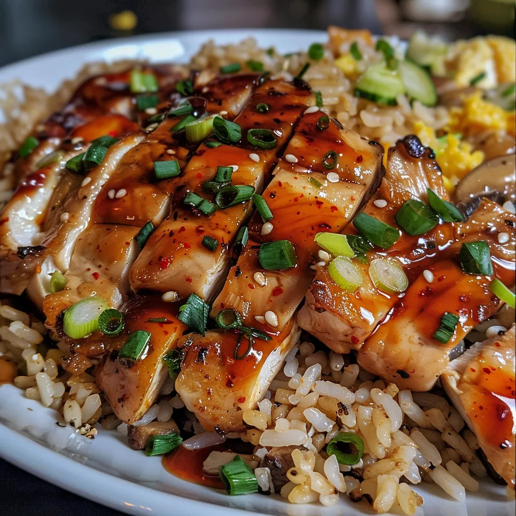A vibrant plate of Hibachi Chicken and fried rice, featuring grilled vegetables.