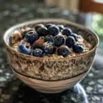 Close-up view of a high-protein blueberry oatmeal bowl garnished with fresh blueberries and a sprinkle of cinnamon.