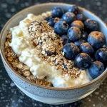 Close-up of a high-protein blueberry oatmeal bowl with fresh blueberries on top.