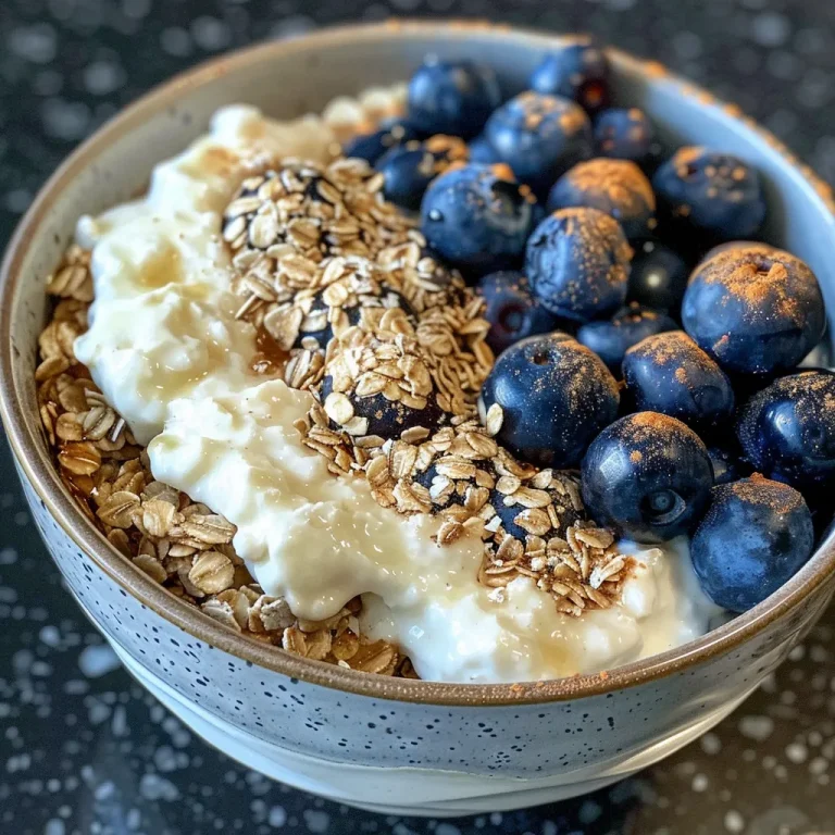 Close-up of a high-protein blueberry oatmeal bowl with fresh blueberries on top.
