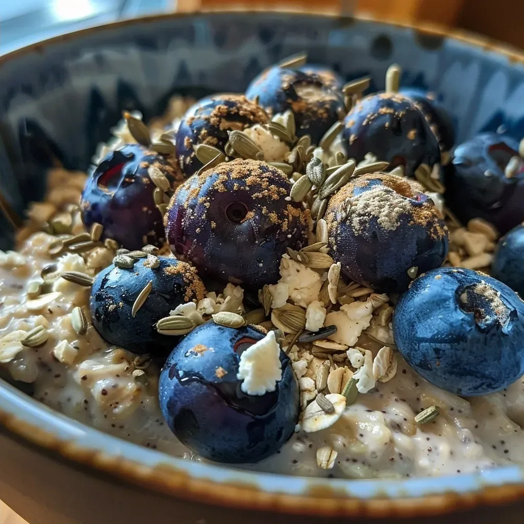 A vibrant oatmeal bowl filled with rolled oats, cottage cheese, and blueberries, captured from the side.