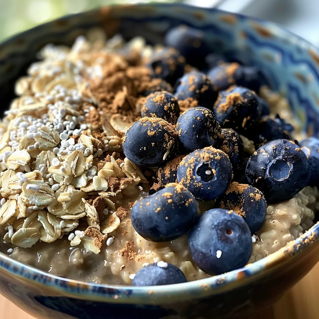 Side view of a creamy oatmeal bowl topped with blueberries and a sprinkle of cinnamon.