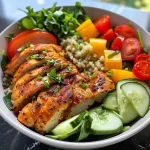 A vibrant high protein chicken bowl featuring grilled chicken, quinoa, and fresh vegetables.