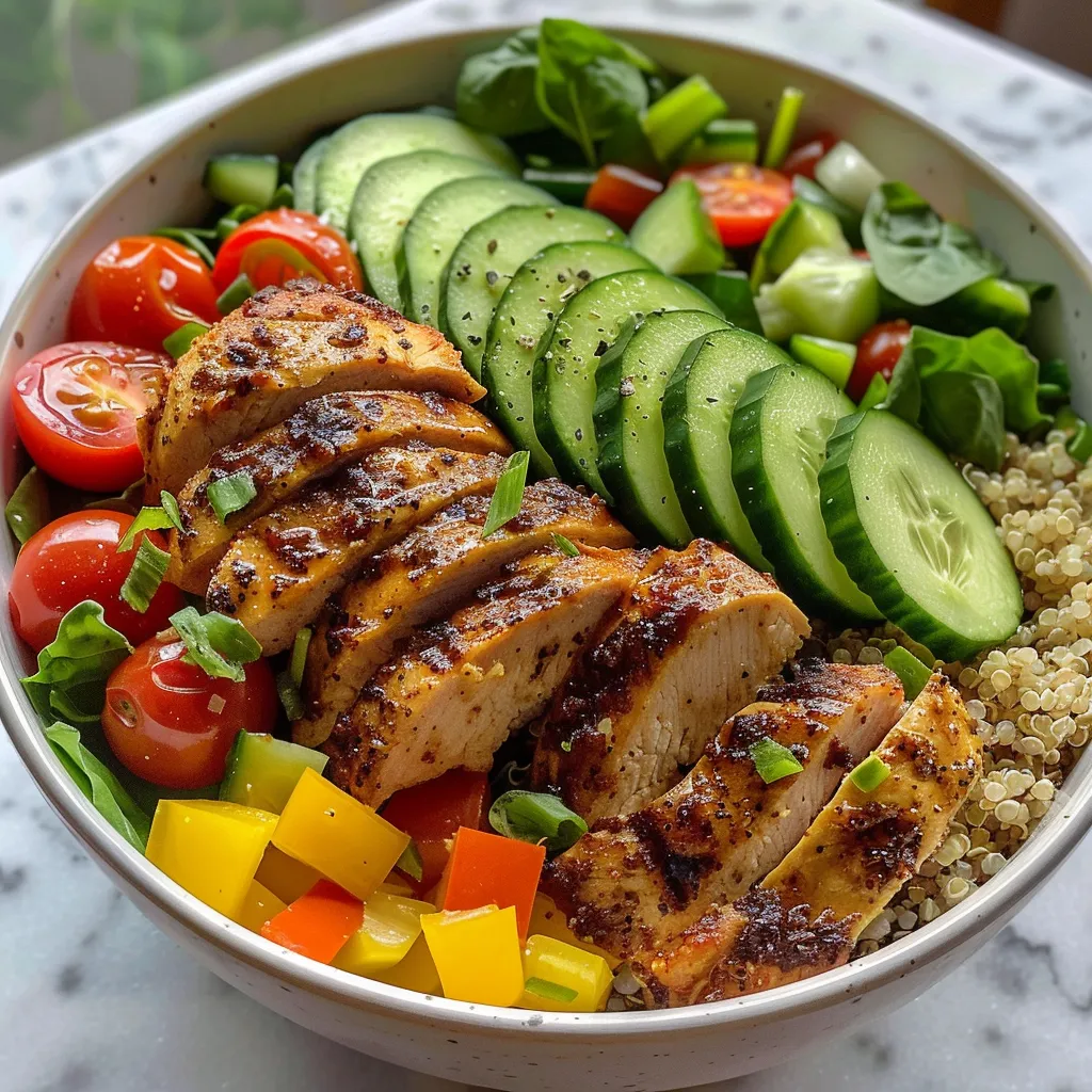 Close-up view of a nutritious chicken bowl with quinoa, cherry tomatoes, and cucumbers.