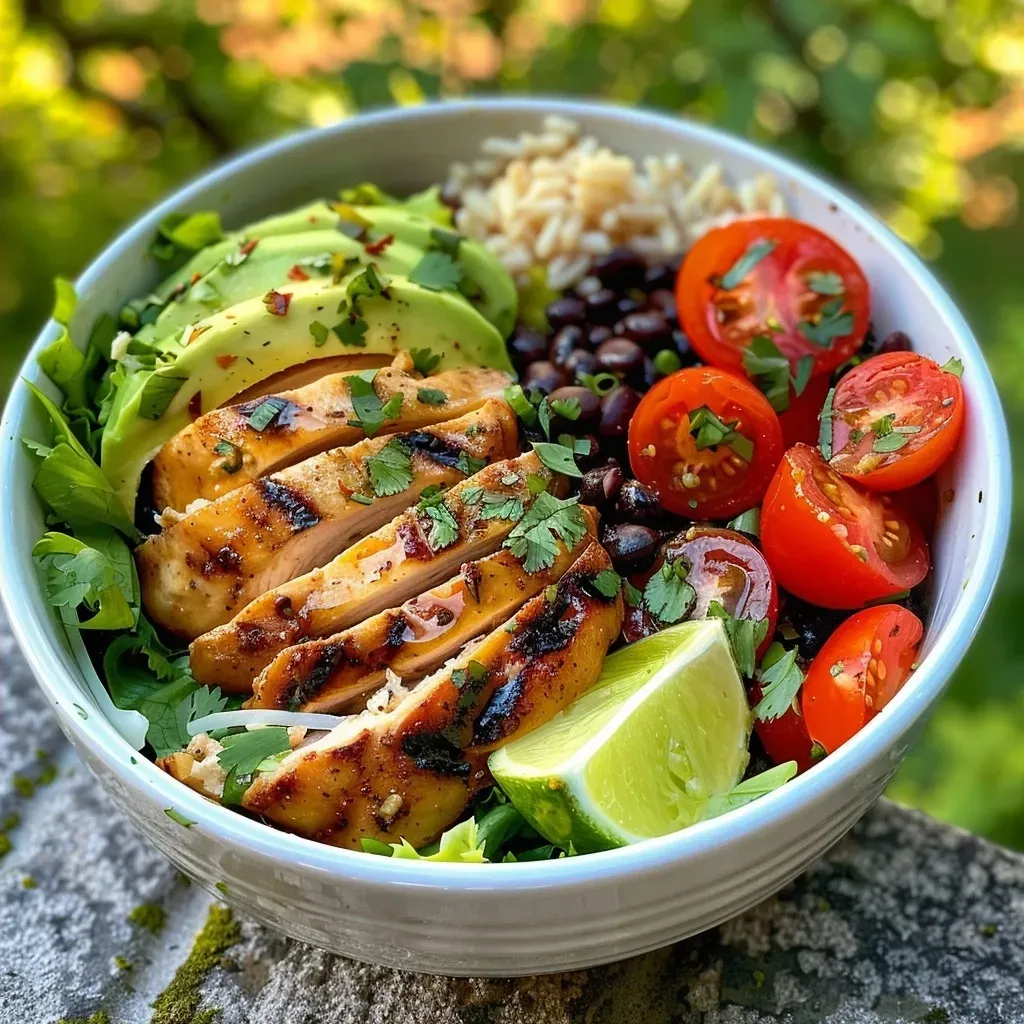 A side view of a high-protein chicken burrito bowl featuring diced chicken, rice, and vibrant toppings.