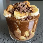 Close-up of rich, high protein chocolate banana pudding cup drizzled with peanut butter.
