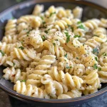 Close-up view of high protein garlic parmesan pasta bowls with fresh herbs.