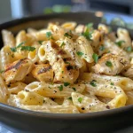 Close-up of a bowl of garlic parmesan pasta with grilled chicken and garnished with parsley.