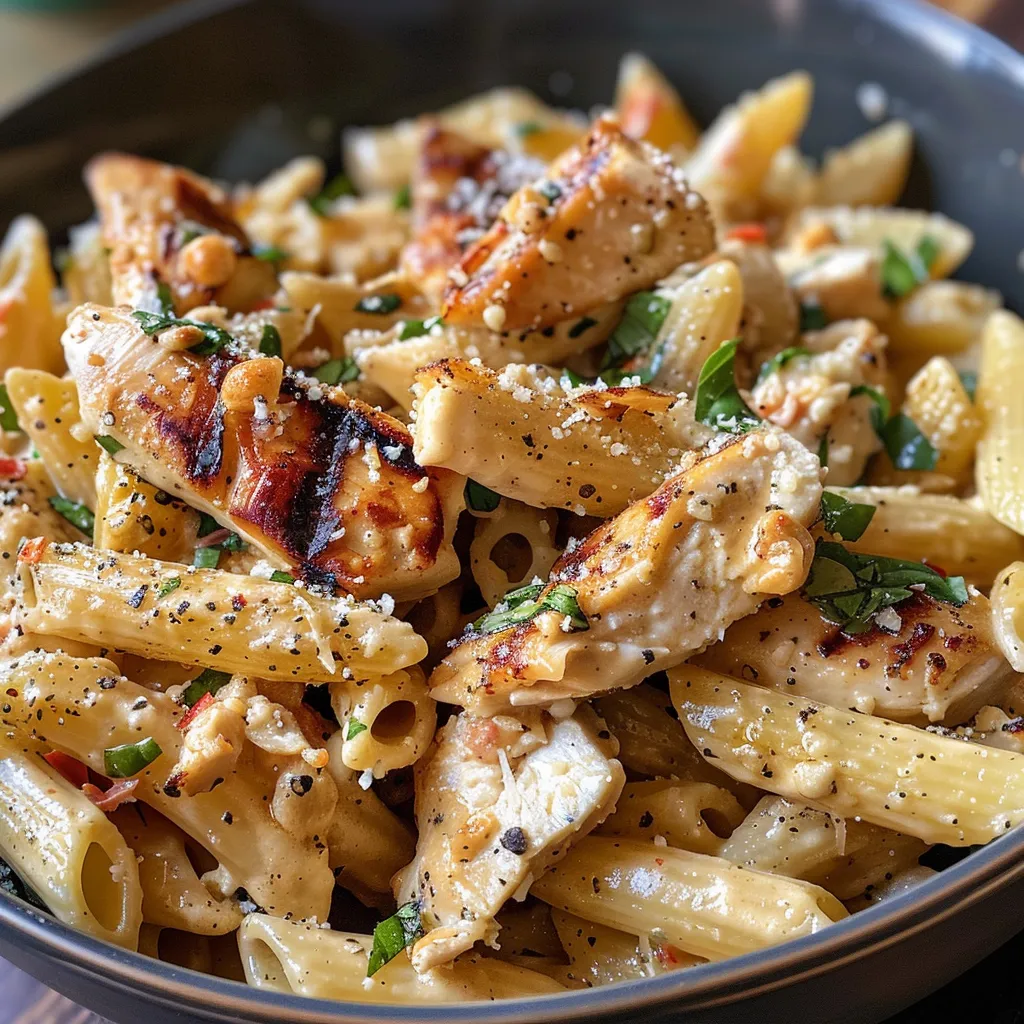 Side view of a creamy pasta dish featuring penne, grilled chicken, and a sprinkle of parmesan.