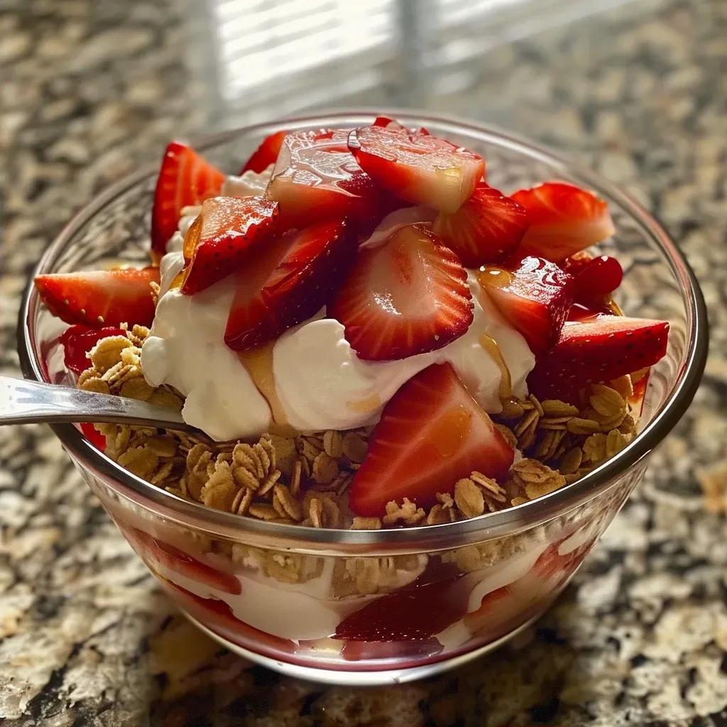 Side view of a creamy no-bake dessert topped with fresh strawberries.