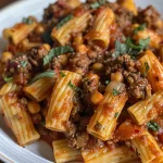 Close-up of a bowl filled with high-protein pasta featuring beef and chickpea noodles.