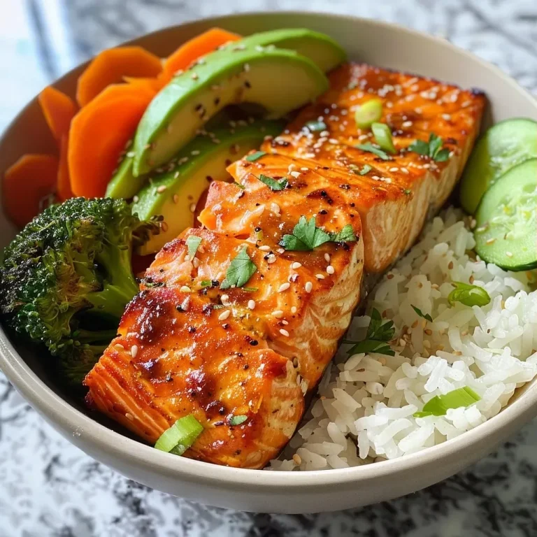 A close-up view of a high-protein salmon veggie bowl filled with colorful vegetables and salmon.