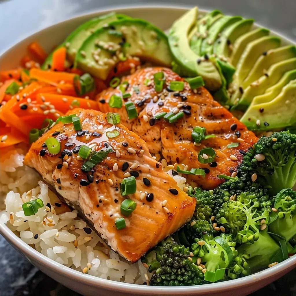 A vibrant salmon veggie bowl showcasing salmon fillets, rice, and fresh vegetables.