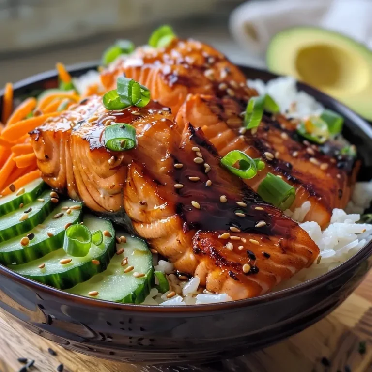Dive into Delight: The Honey Glazed Salmon Bowl That Will Brighten Your Day! Close-up of a honey glazed salmon bowl with vibrant ingredients.