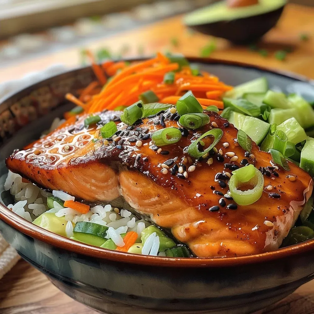 Side view of a delicious salmon bowl featuring rice, avocado, and greens.