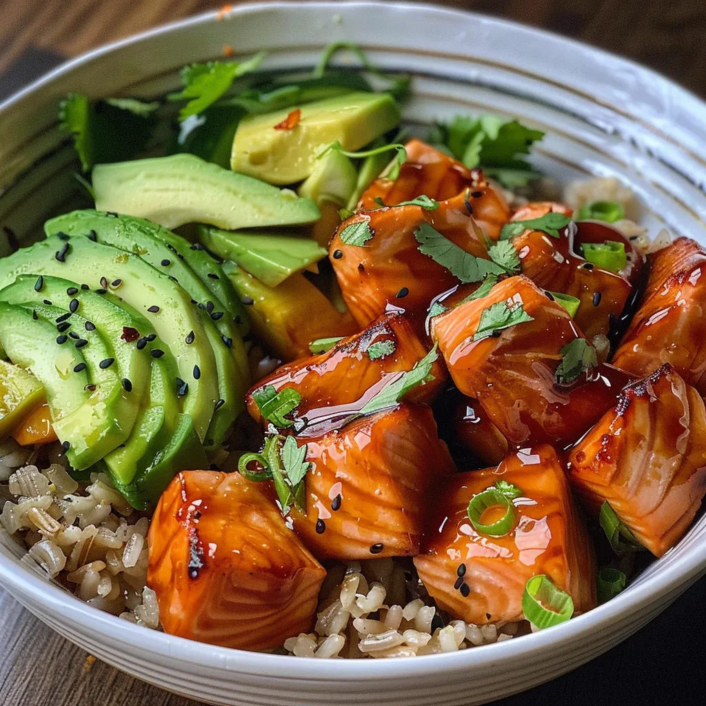 Juicy cubes of salmon glazed with honey, served in a bowl with rice and fresh vegetables.
